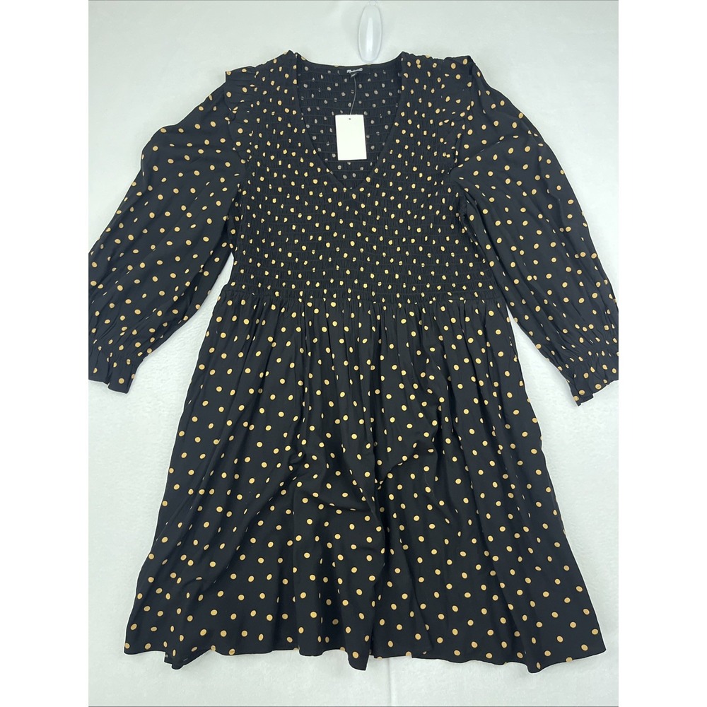 Madewell Lucie V-Neck Smocked Mini Dress Womens M Black Polka Dot Ruffled NWT